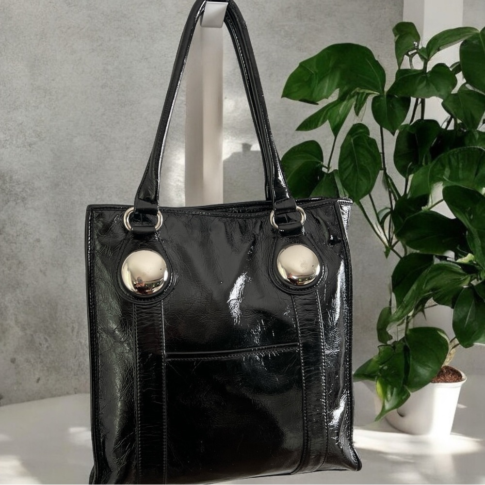 NINE WEST Vintage Black Vegan Leather Shopper Tote Bag Purse Silver Accent